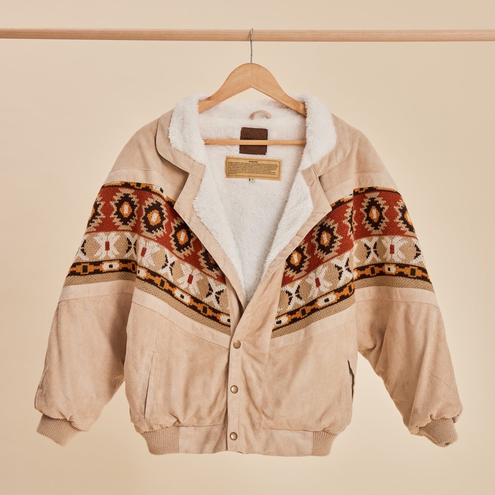 Beige Sherpa-Lined Bomber Jacket with Aztec Trim